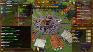 Screenshot of main game. Pilgrims and other avatars are circled around a town center, with one on trial being asked to State Their Defense. 