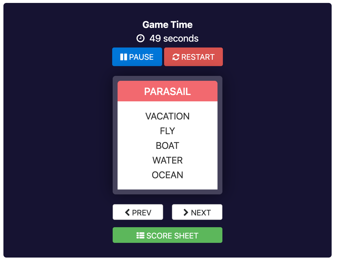 A Taboo Card containing the word 'Parasail' with 48 seconds left on the clock for the taboo giver