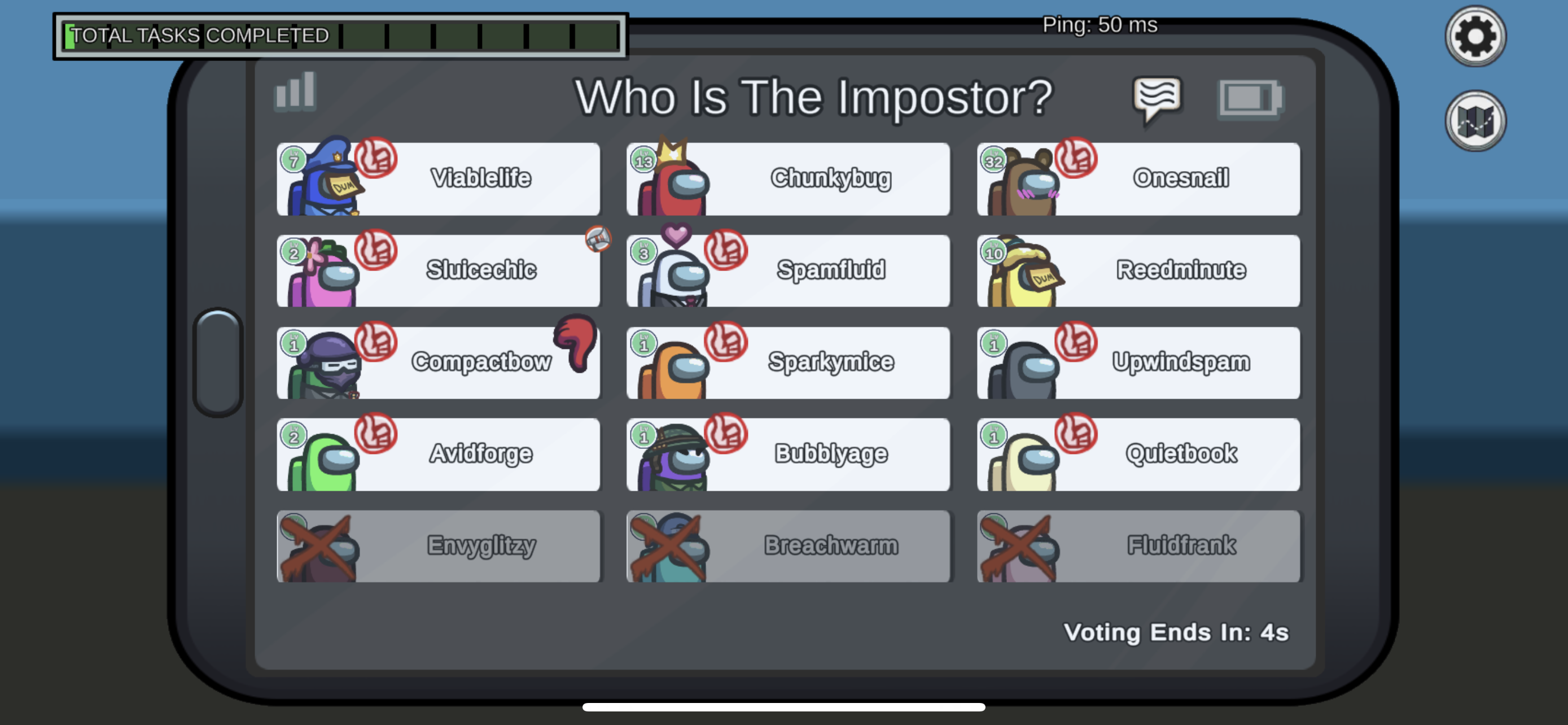 Among Us Screenshot depicting players in voting platform