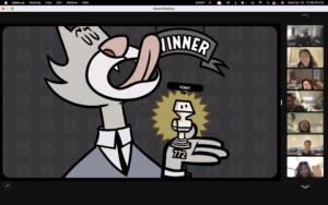 An Zoom meeting screenshot of a grey cat in a suit licking the winner of a game's pawn named Penny. The animation is in the Jackbox game Split The Room. The faces of the players are lined vertically in a column to the right.