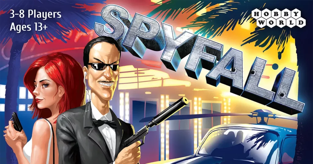 Spyfall board game image: a man with a gun and a woman next to the words Spyfall