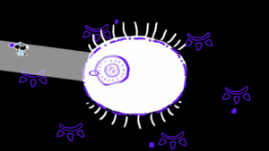 A cartoonish eyeball with long and distinct eyelashes seemingly facing off against a small character in the left most corner. The colors are inverted. The background of the scene is black with purple symbols. 