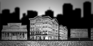 This image is of our main character the ghost surrounded by the city. Everything is in grayscale, and all the buildings give off an old-timey feel. There is a silhouette of the cityscape behind the old-timey buildings in frame.