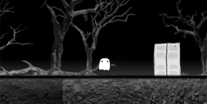 This is a screenshot of our game where the ghost approaches a gray door with no handle to open it. The background is grayscale and the terrain is uneven. There are twiggy trees in the background.