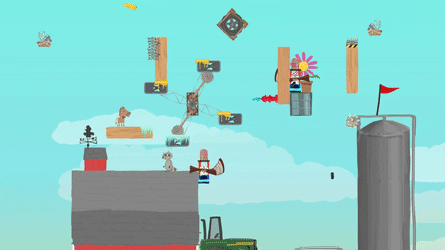 An ultimate chicken horse course constructed by players: there are a lot of traps and moving parts that make it difficult to discern what's going on at first glance.