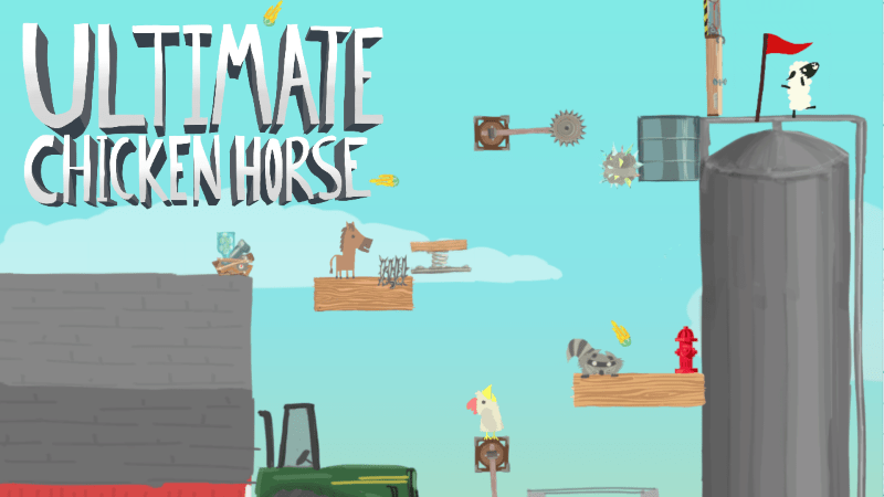 A Title Screen for Ultimate Chicken Horse. There are various farm animals on an obstacle course with dangerous traps.