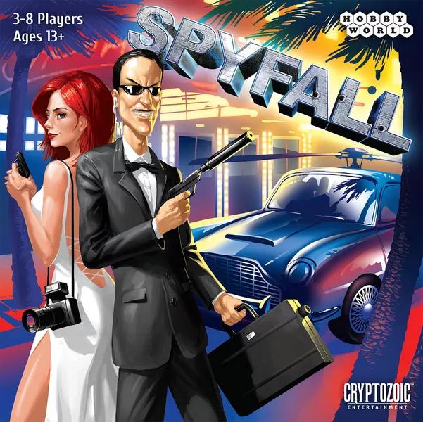 Boxart for the board game Spyfall - two smartly-dressed spies stand below the game's title