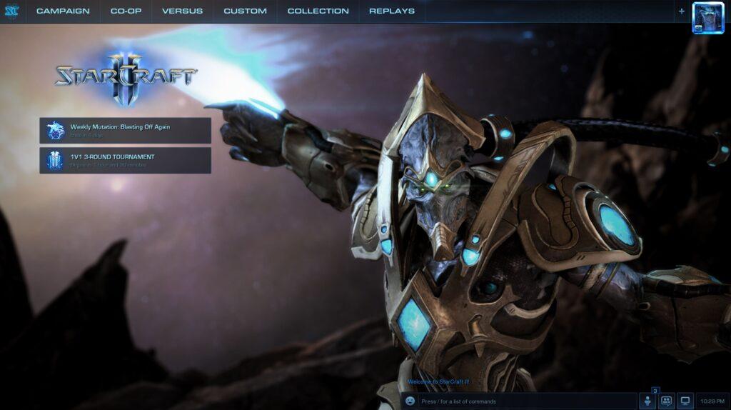 The opening screen of Starcraft II. It depicts an alien sci-fi warrior bearing a laser sword in the middle of combat.