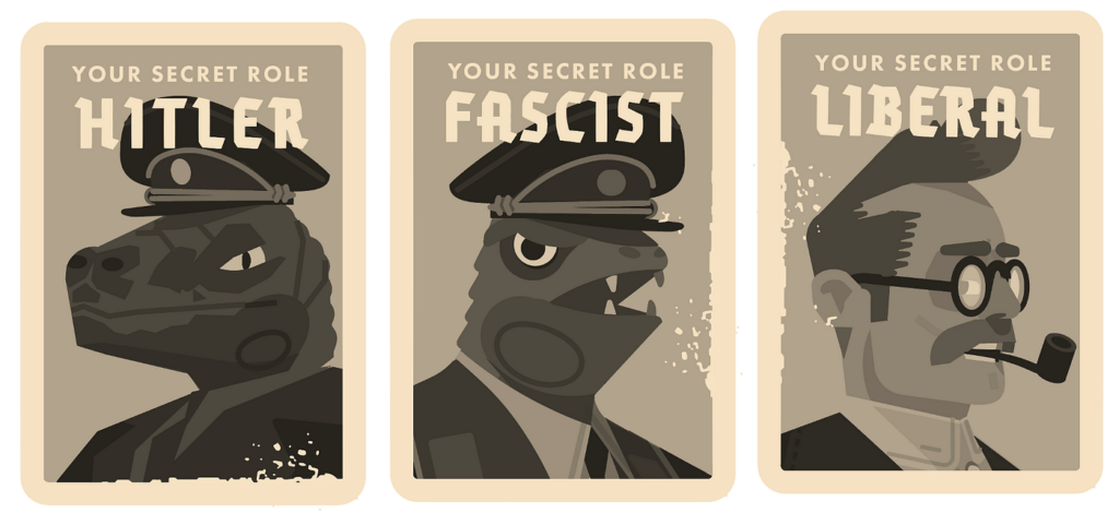 An image of three Secret Hitler role cards. From left to right: Hitler, Fascist, Liberal.