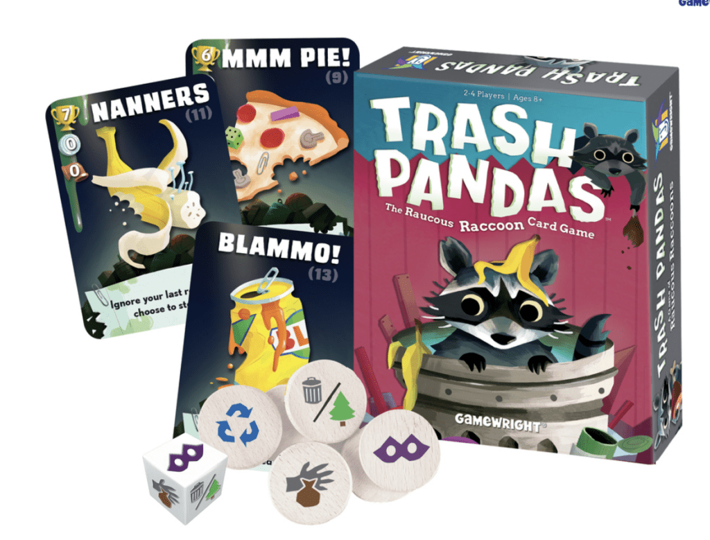 Picture of Trash Pandas card game with tokens and a couple action cards