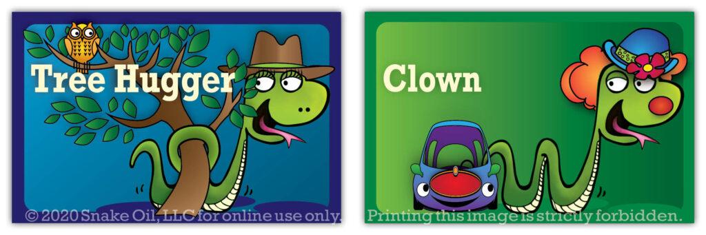 a screenshot of 2 Snake Oil customer cards: tree hugger and clown