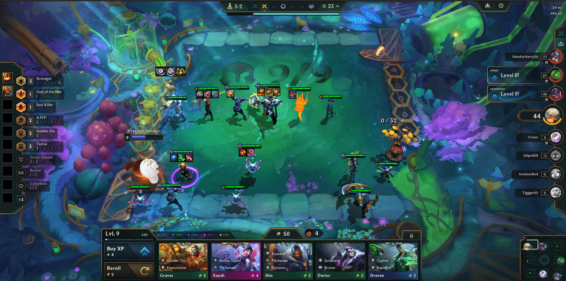 screen shot of a team fight tactics board with several different league of legends characters present in a digital board. At the bottom of the screen there is a table of 5 characters, current currency amount, and win streak value.