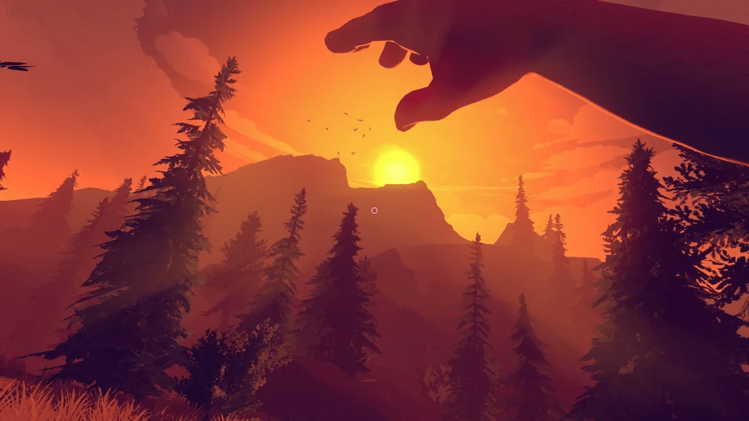 A screen grab from Firewatch: Henry holds his hand up against the setting sun.