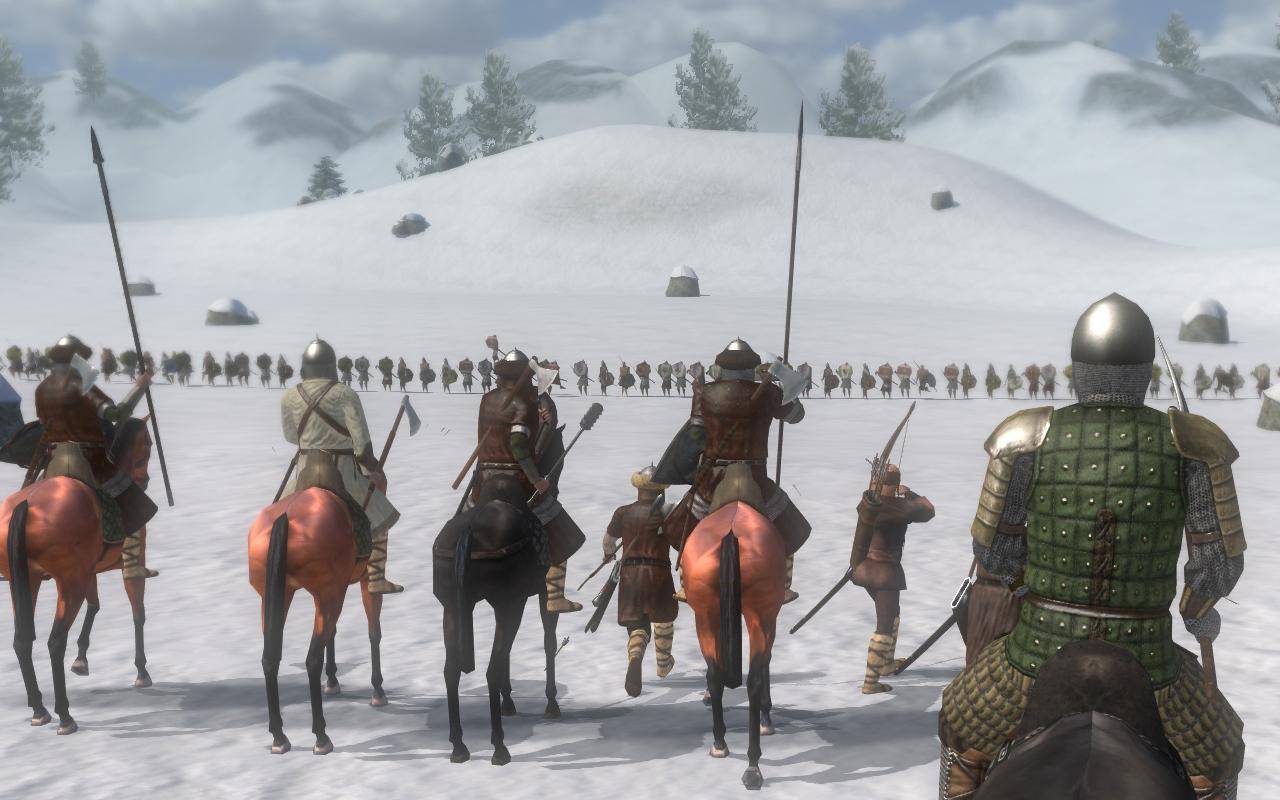 Over-the shoulder view of a knight on horseback, positioned just behind some other horsemen and archers. Across a clearing is a line of enemies charging into battle