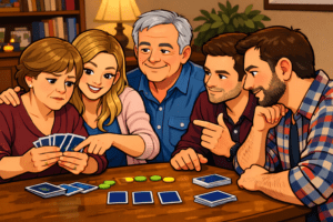 A family of 5 playing a card game where the adult daughter is helping the mother while the son and son-in-law are having a deep discussion