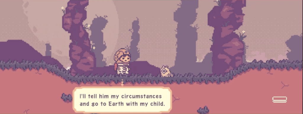 An astronaut in a yellow helmet on an alien planet, looking at an alien creature, thinking, "I'll tell him my circumstances and go to Earth with my child."