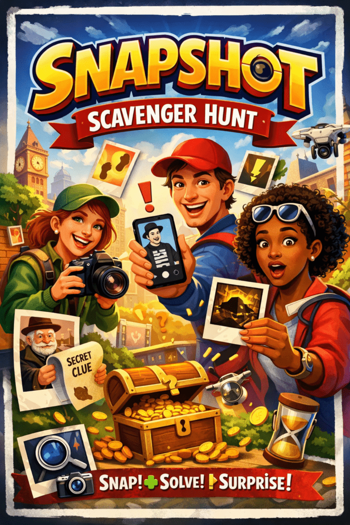Potential game box cover art for a photo scavenger hunt called Snapshot