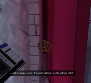 A pretzel tucked behind a red curtain
