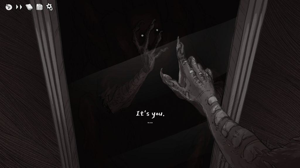 An outline of a mirror from the game "Slay The Princess: stands in the center of the screen. In first-person POV, an taloned humanoid avian hand reaches out to the mirror. The mirror's reflection shows the hand, and a bird-like monstrous creature staring back. Captioned text states "It's You."