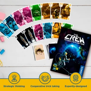 An image of the crew box and examples of the cards inside. It describes the game as strategic thinking, cooperative trick taking, and expertly designed