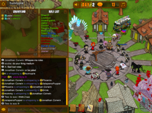 Gameplay mechanisms - chat, village backdrop (location), role-list, graveyard