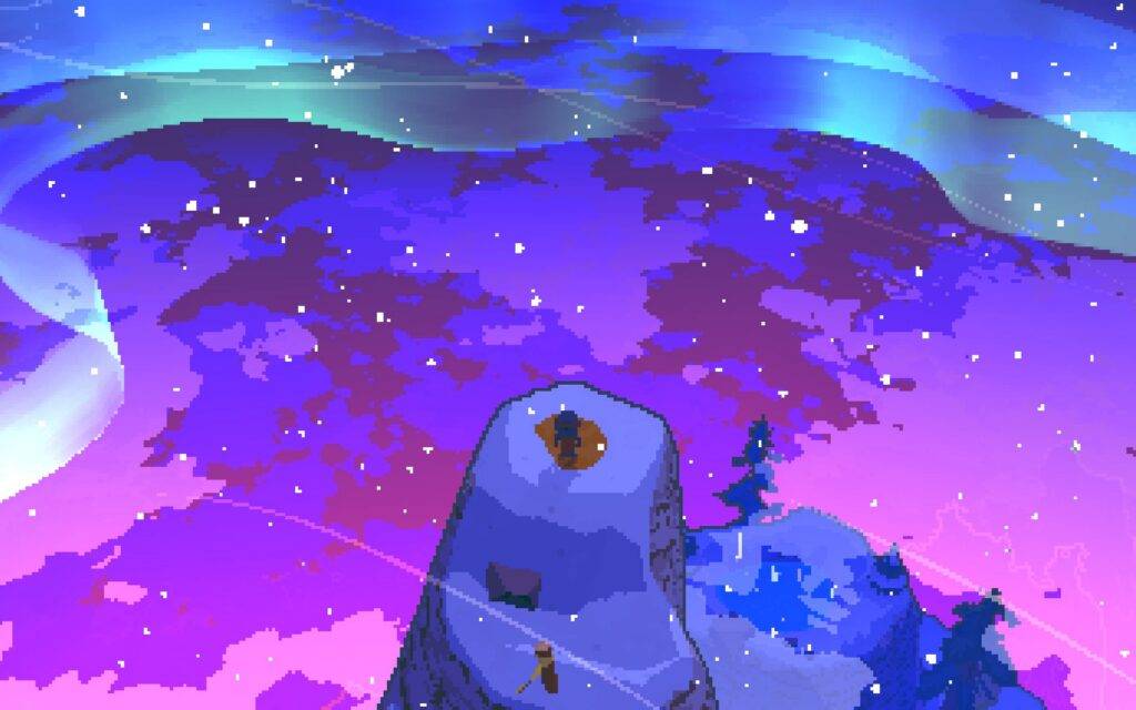 A blue bird at the top of a mountain peak, overlooking an aurora-borealis-esque view.