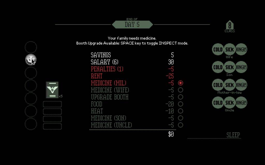 Text that says "Booth Upgrade Available: SPACE key to toggle INSPECT mode." and then a list of expenses. There is only enough money to pick one item between the booth upgrade, medicine for family, food, and heat.