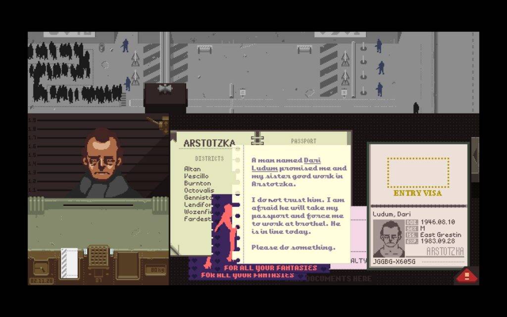 A hand-written note saying "A man named Dari Ludum promised me and my sister good work in Arstotzka. I do not trust him. I am afraid he will take my passport and force me to work at brothel. He is in line today. Please do something."