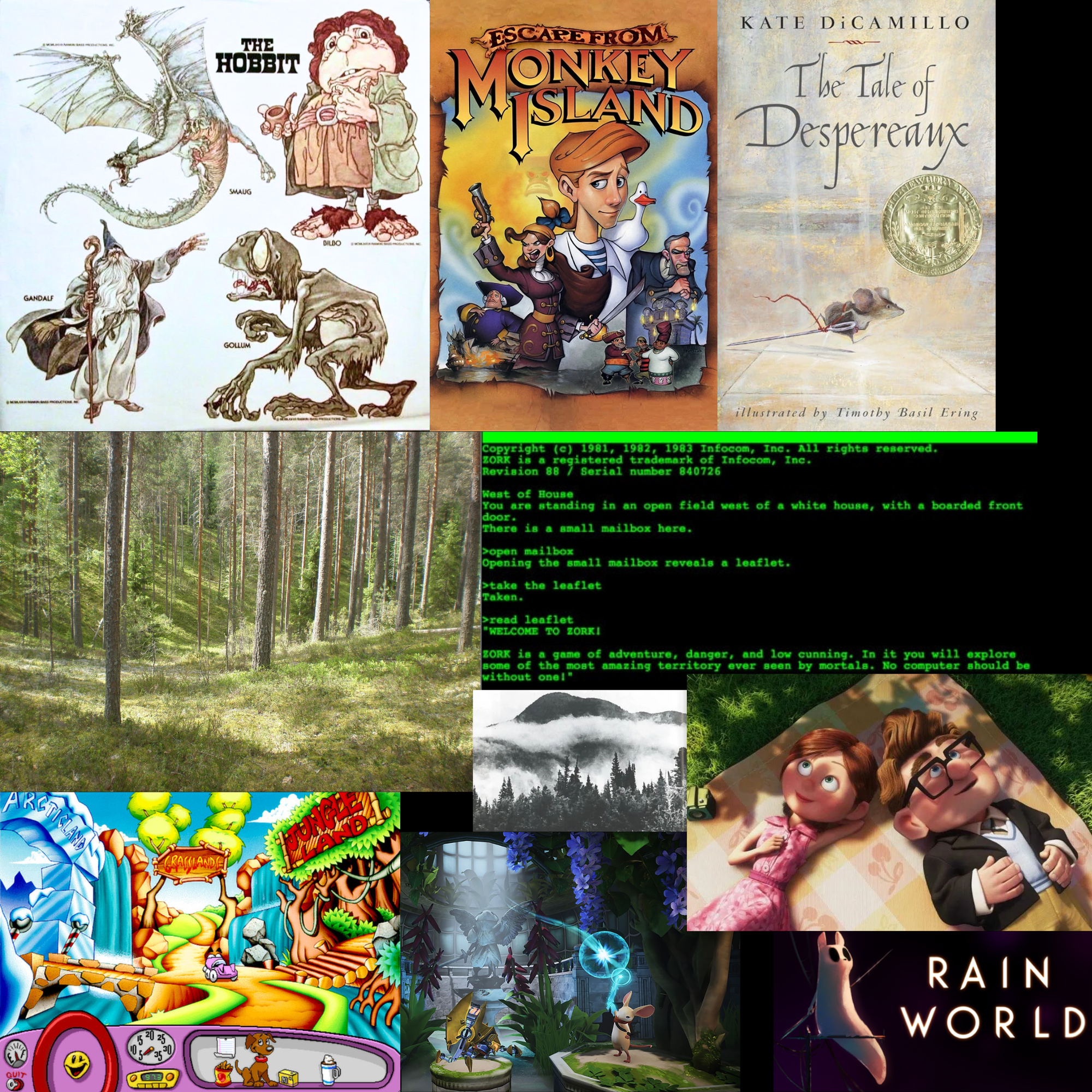 moodboard consisting of inspiration images, covers of books and games, etc