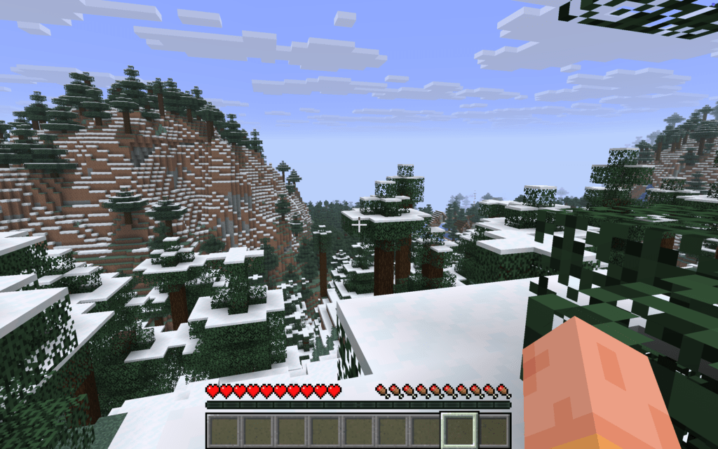 A snowy forest with no clear path or people guiding the player towards a destination. 